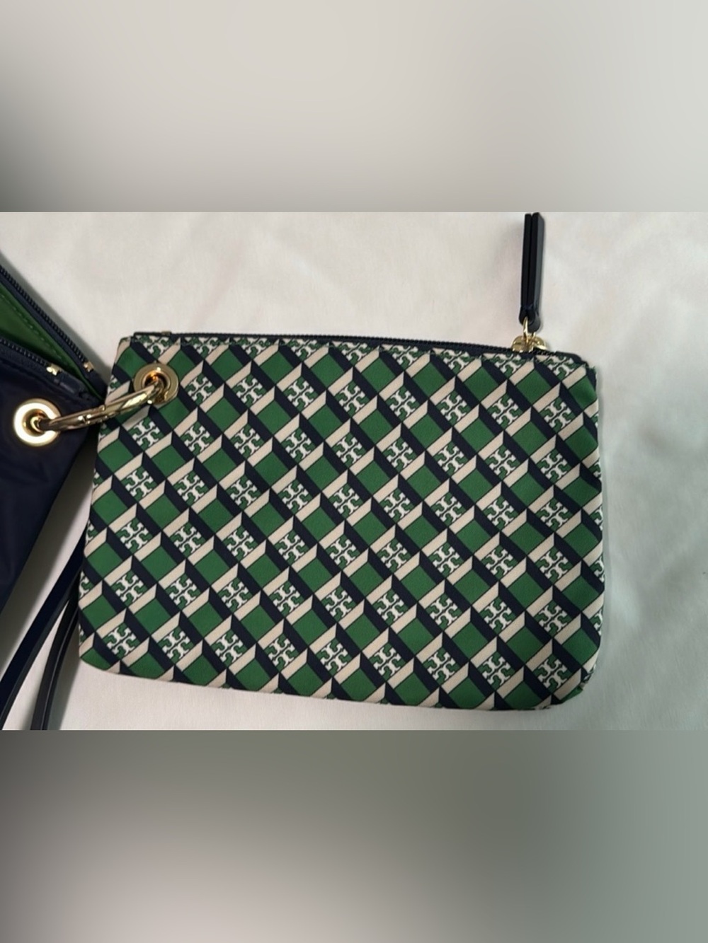 NWOT - Tory Burch Green, Navy & Cream Patterned Cosmetic Pouch Trio - Picture 3 of 5